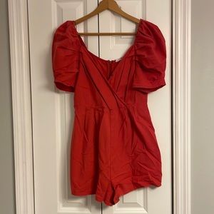 Coral puff sleeve romper